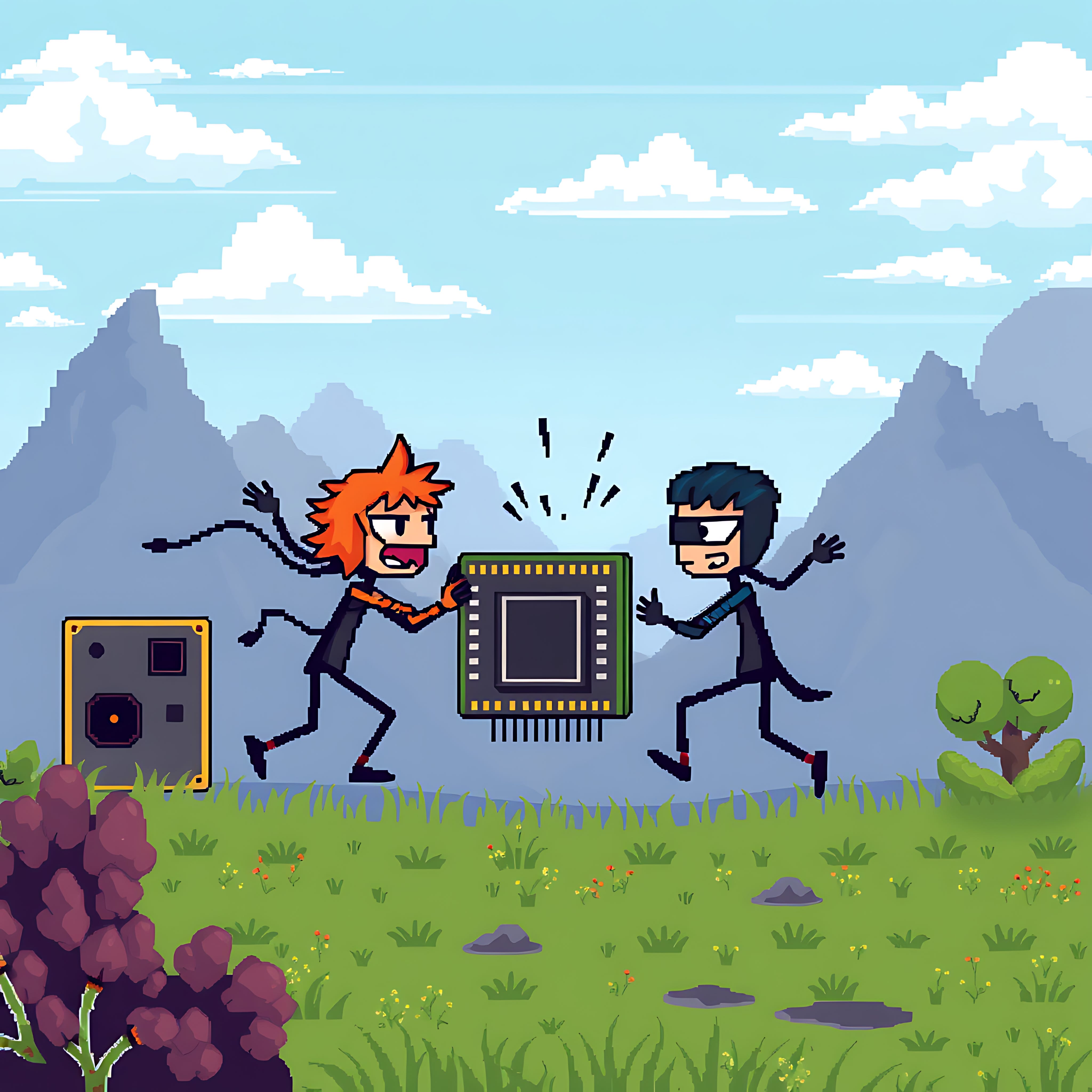 A visual metaphor for concurrent programming: multiple threads (represented by the characters) fighting over shared resources (the CPU/chip). This illustrates the core challenge of shared mutable state where multiple threads attempt to access and modify the same resource simultaneously, leading to conflicts and race conditions.